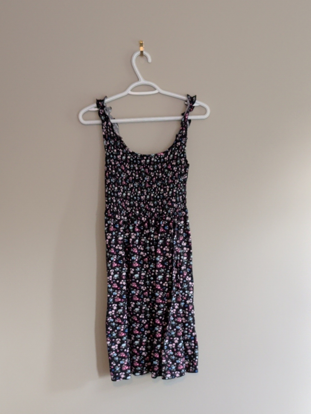 Warehouse One Floral Smocked Black Sundress with Pink & Blue Flowers